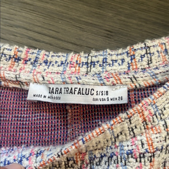 Zara |White Multicolor Pastel Tweed Fringe Frayed Hem Pearl Button Shift Dress S - Picture 11 of 15